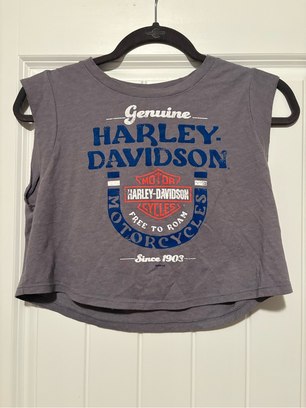 Harley-Davidson Gray Crop Muscle Tee with Blue & Red Logo